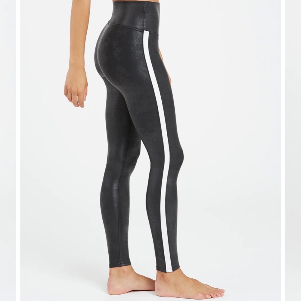 Spanx Size Medium Black Faux Leather White Side Stripe Leggings Athletic